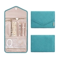 Teal quilted folding travel jewelry organizer with multi-compartment storage slots - Lake Blue
