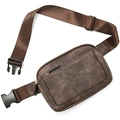 Detail view of retro brown faux leather waist bag with adjustable strap and front pocket - Tan