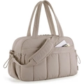 Borsa da palestra trapuntata beige in nylon con doppi manici e tracolla per lo sport - Cammello