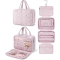 Organizer per gioielli da viaggio trapuntato rosa con gancio in metallo e scomparti - Grande / Rosa