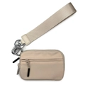 Waterproof beige nylon wallet card holder with wrist strap and silver metal keychain - Khaki