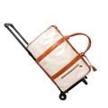 Borsone da viaggio con ruote in tela beige con finiture in pelle marrone e manico telescopico - Bianco Marrone / 52*34*27cm