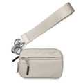 Beige nylon mini wallet with wristlet strap and dual zippers for keys and coins - White