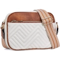 Crossbodytas in wit en bruin kunstleer met gewatteerd V-patroon en een geweven schouderriem - Wit/Bruin 1
