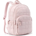 Detail of pink quilted backpack showing multi-zipper compartments and side storage pockets - Pink