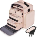 Pink travel makeup organizer bag with 4 detachable cases and jewelry roll for storage - Pink