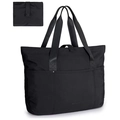 Détail d'un grand sac cabas pliable en nylon noir montrant l'état déplié et compressé - Noir / 32*15*48.8cm