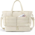 Vista detallada del bolso de viaje acolchado con textura puffer y compartimento para zapatos - Beige