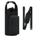 Detail view of black oxford water bottle sleeve with front zipper pocket and shoulder strap - Black