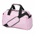 Detail view of pink gym bag with black straps and adjustable padded shoulder strap - Pink