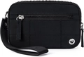 Close-up of black quilted nylon wristlet bag featuring a double zipper and a W logo - Black