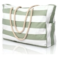 Large capacity green and white striped beach tote bag with durable rope handles - Matcha Green
