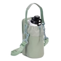 Detail view of sage green water bottle pouch with drawstring and zipper phone pocket - Green