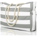 Detail of large striped beach tote featuring sturdy rope handles and side pocket storage - Space Gray