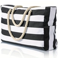 Large capacity canvas beach tote bag with black and white stripes and thick rope handles - Black