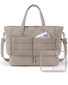 Quilted travel tote bag in taupe with shoe compartment and clear toiletry pouch - Tote Bag With Transparent Bag / Camel