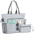 Large waterproof striped canvas beach tote bag set with matching small storage pouch - Grey Stripe