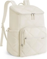 Detail view of the quilted beige water-resistant travel backpack with side storage pockets - Beige