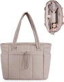 Beige quilted tote laptop bag with interior compartments and front drawstring pocket - Khaki