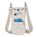 Quilted water bottle crossbody bag with cream fabric and striped detachable shoulder strap - Beige