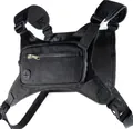 Detail of tactical chest bag showing adjustable X-straps and cable port on black nylon - Black