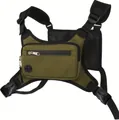 Detail of army green tactical chest bag with dual zippers and rubber headphone port - Olive Green