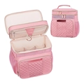 Pink quilted hanging toiletry bag with metal hook and mesh compartments for travel - Pink