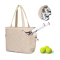 Detailed view of beige quilted tennis tote bag with racket compartment and shoe storage - 44x37x18cm / Off White