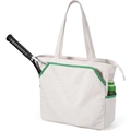 Large canvas tennis tote bag with racket compartment and side bottle pocket in cream green - White