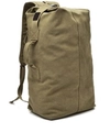 Detail of army green canvas travel backpack showing heavy-duty side handle and sturdy strap - Khaki