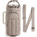 Quilted nylon water bottle sling bag with adjustable strap and drawstring in taupe - Camel