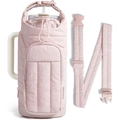 Close-up of pink quilted puffer water bottle bag with zipper pocket and strap - Light Pink