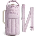 Detailed view of quilted lilac water bottle bag with front zipper pocket and strap - Light Purple