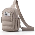 Quilted beige nylon crossbody sling bag with multiple zip pockets and phone storage - Camel