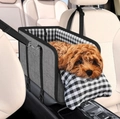 Detail of gray dog console car seat with safety strap and black-and-white plaid pillow - Gray