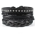 Mehrlagiges Punk Lederarmband für Herren mit silbernen Nieten und geflochtenen Schichten - Schwarzer Mehrlagiger Punk-Stil (BN-0116)