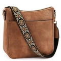 Brown vegan leather crossbody bag for women with bohemian floral wide guitar strap - Regular / Brown