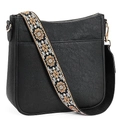 Black vegan leather crossbody camera bag with stylish wide ethnic embroidered strap - Regular / Black