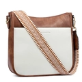 Brown and cream vegan leather crossbody bag with patterned wide woven strap for women - Regular / White & Brown