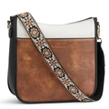 Vegan leather crossbody bag in tri-color patchwork with wide floral woven strap - Regular / Brown White