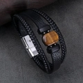 Gelaagde leren herenarmband met tijgeroogsteen en roestvrijstalen magnetische sluiting - 9 inch / Tijgeroog