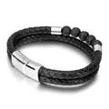 Bracciale da uomo in pelle nera intrecciata a doppio strato con chiusura magnetica e pietra lavica - Perla in Pietra Lavica