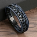 Pulsera multicapa de cuero trenzado vintage para hombre con cierre magnético negro - Longitud Total 19cm / Azul Oscuro