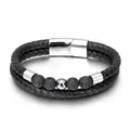 Dettaglio del bracciale multistrato in pelle nera con pietre laviche e chiusura in acciaio - Lavorazione con perline