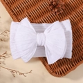 Elastic white baby headband featuring a large double layer bow in soft ribbed knit fabric - White