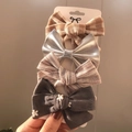 Set of 4 handmade bow hair clips with embroidery and checkered patterns on card - Color Block Collage Style / Mixed Material Set (4B)