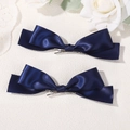 Pair of navy blue satin ribbon bow hair clips with silver alligator base for girls - Navy Blue