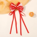 Fermaglio per capelli a fiocco rosso festivo con pizzo bianco e ricamo floreale - Stile Satin con Pizzo Ricamato (5306-1)