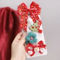 Christmas hair clips set with red bows and green knit flowers for girls on card - Red Holiday Style (5F)