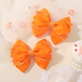 Pair of orange handmade glitter ribbon bow hair clips for girls daily party wear - 2A-9